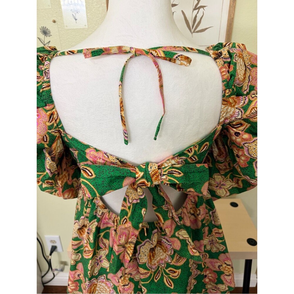 MISA Los Angeles Floral Puff Sleeve Open Back Bow Mini Dress Green Pink Size L - Picture 4 of 12
